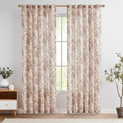 jinchan Red Floral Linen Curtains 90 Inch Vintage Back Tab 2 Panels | Light by JINCHAN