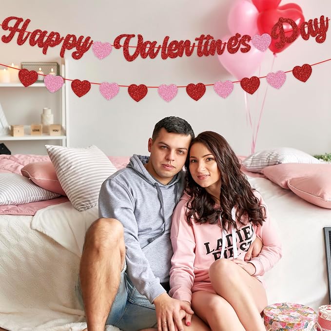 Happy Valentines Day Banner Glitter Valentines Banner Red Pink Heart Garland - Image 7