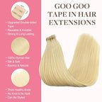 GOO GOO Tape in Hair Extensions Human Hair, 613R Bleach Blonde, 26inch 60g 20pcs, Skin Weft Seamless Invisible, Silky Straight with Thick Ends, Remy Human Hair
