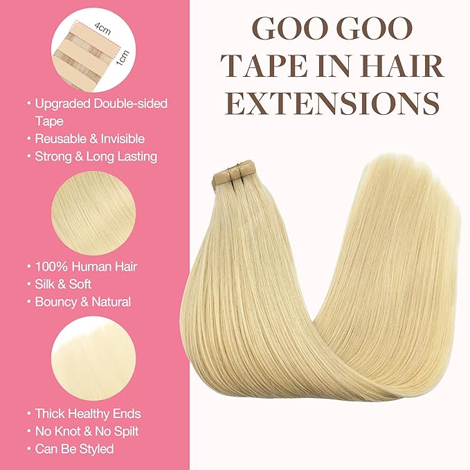 GOO GOO Tape in Hair Extensions Human Hair, 613R Bleach Blonde, 14inch 25g 10pcs, Skin Weft Seamless Invisible, Silky Straight with Thick Ends, Remy Human Hair