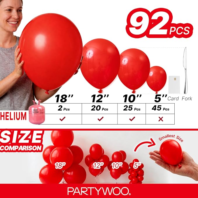 PartyWoo Red Balloons 92pcs Different Sizes of 18 12 10 5 Inch | Balloons - Image 6
