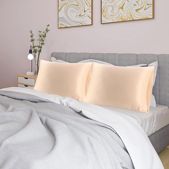 uxcell 2 Pack Silk Satin Pillowcase for Hair and Skin, Cool, Silky, Soft Breathable Pillow Cases King Size 20x36 Inch Sateen Pillowcase Light Tan with Envelope Closure