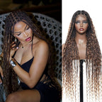 Human Hair Boho Curls Hand-Tied HD Full Lace Wig - 36" Salon-Level Small Box Synthetic Braids (79 Braids, Medium Density) Pre-Cut Swiss HD Lace, Pre-Plucked, Tangle-Free - 1B/27 Honey Blond