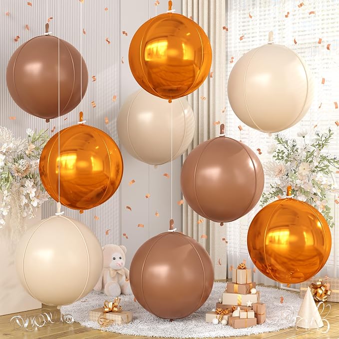 Retro Beige Orange Brown Round Foil Balloons 9 pcs, Giant 4D Round Balloons 22 by Cledeco