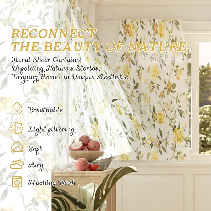 Sheer Curtains 54 Inch Length 2 Panels Set, Floral Patterned Linen Look - Image 2