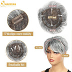 QUEENTAS Short Hair Topper for Women with Thinning Hair Daily Wear 360°3D Cover Up 6.5"*6" Fluffy Hair Pieces with Bangs(Black Mixed Grey)