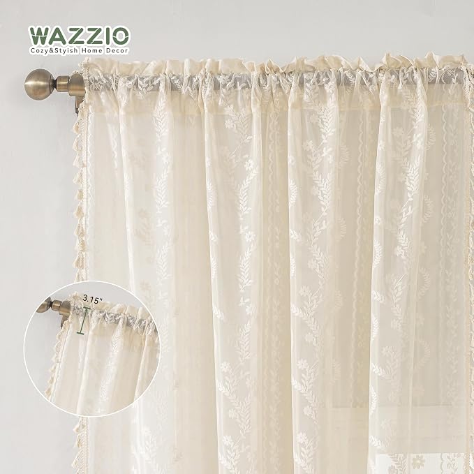WAZZIO Boho Lace Curtains 2 Panels 72 Inches -Cute Vintage Victorian Sheer - Image 6