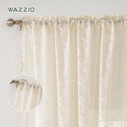 WAZZIO Boho Lace Curtains 2 Panels 84 Inches Long-Cute Vintage Victorian Sheer - Image 7