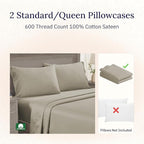 CALIFORNIA DESIGN DEN Luxuriously Soft Hotel Quality 600 Thread Count, 100% Cotton Set of 2 Cases, Crisp & Cool Pillow Cases Queen Size, Fits Standard & Queen Pillows (Taupe)