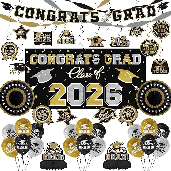 Black and Gold Themed 2026 Graduation Decorations Set by Gatherfun