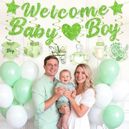 Green Baby Shower Decorations for Boys Glitter Greenery Welcome Baby Boy Banner - Image 7