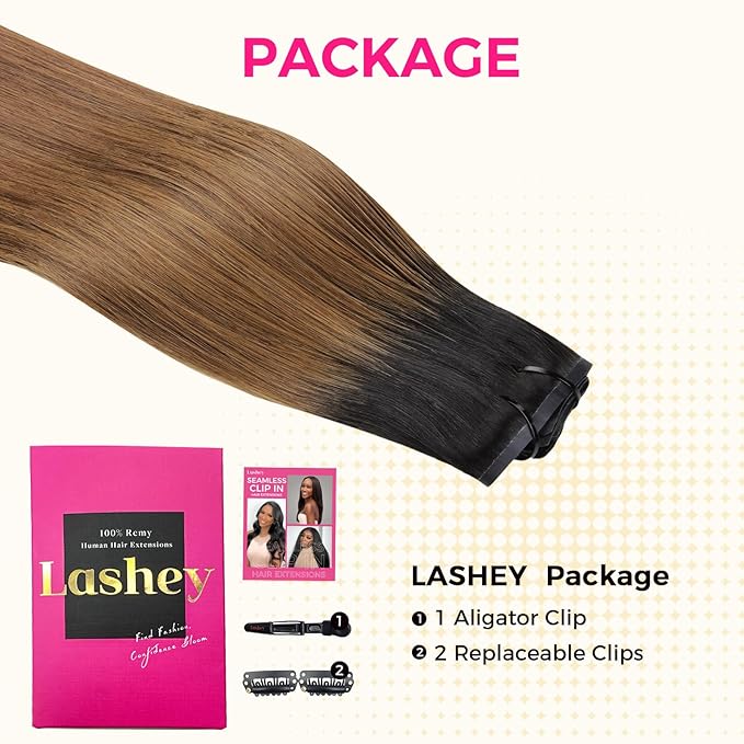 Lashey Seamless Clip in Hair Extensions Human Hair 130g 9pcs 18 Inch Ombre Natural Black to Medium Auburn Straight Clip in Hair Extensions for Women