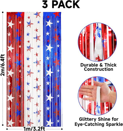 jijAcraft Red White Blue Star Tinsel Foil Fringe Curtain, 3 Pack 3.2x6.5 Feet - Image 2