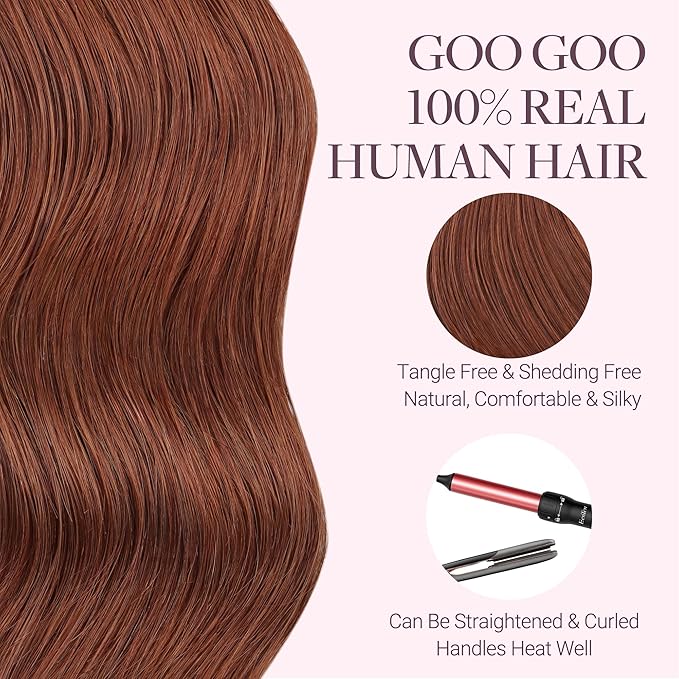 GOO GOO Tape in Hair Extensions Human Hair, #33B Dark Auburn Copper, 14inch 50g 20pcs, Skin Weft Seamless Invisible, Silky Straight with Thick Ends, Remy Human Hair