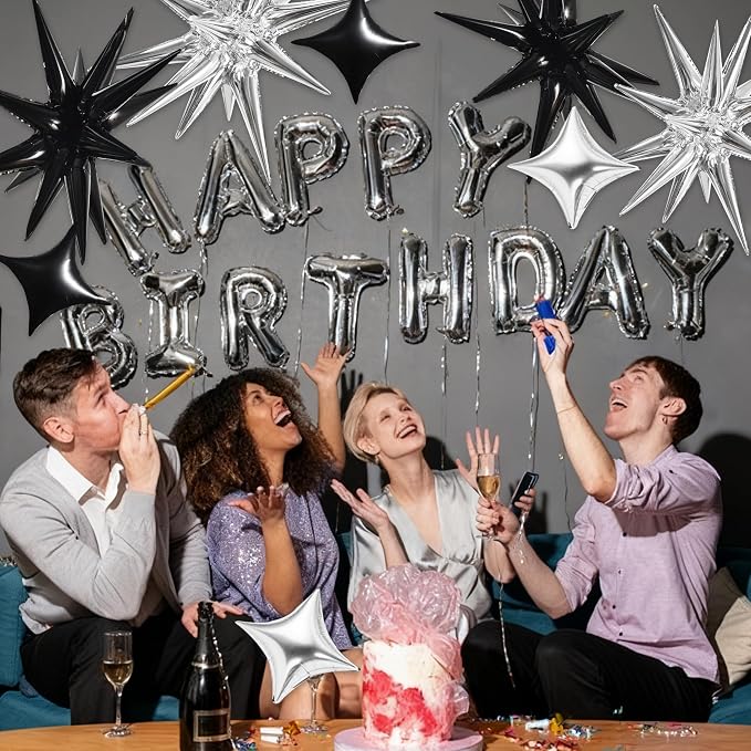 TONIFUL 18Pcs 22Inch Black Silver Large Explosion Star Mylar Balloons and - Image 5