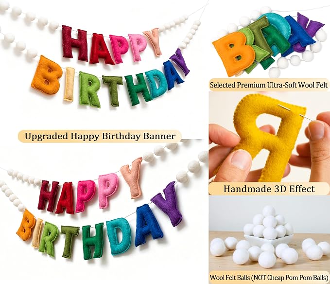 2Pcs Pre-Strung 3D Soft Wool Felt Happy Birthday Banner, Felt Ball Garland | - Image 3