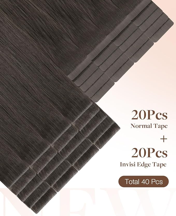 GOO GOO Invisi Edge Tape in Hair Extensions Human Hair, 1C Mocha Brown 20pcs injected with 20pcs classical tape ins, 20inch 100g, Virgin Remy Hair, Natural Look