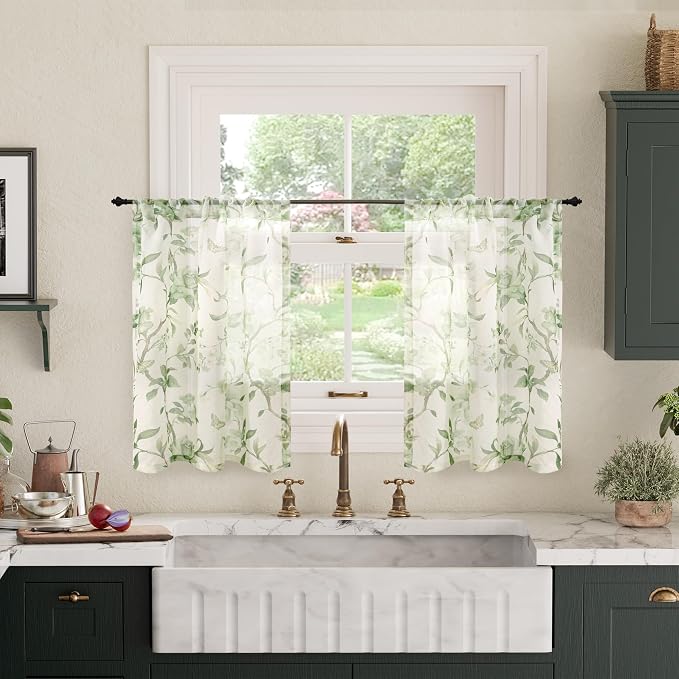 Sage Green Curtains Sheer 24 Inch Length 2 Panels Set, Short Semi Sheer Light by Lajode