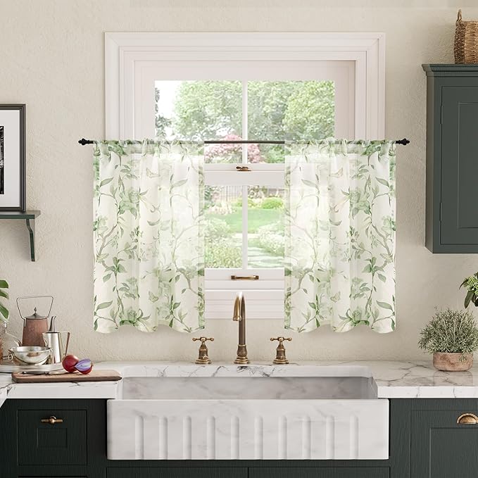 Sage Green Curtains Sheer 36 Inch Length 2 Panels Set, Short Semi Sheer Light by Lajode