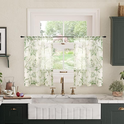 Sage Green Curtains Sheer 36 Inch Length 2 Panels Set, Short Semi Sheer Light by Lajode