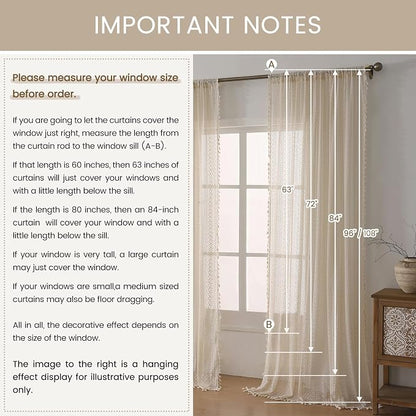 WAZZIO Boho Lace Curtains 72 Inches 2 Panel, Light Filtering Privacy Tassel & - Image 7