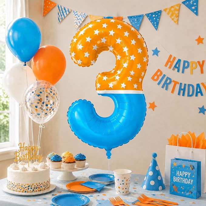 40 Inch Orange Blue Number 3 Balloon, Bow Tie Glasses Design - Image 4