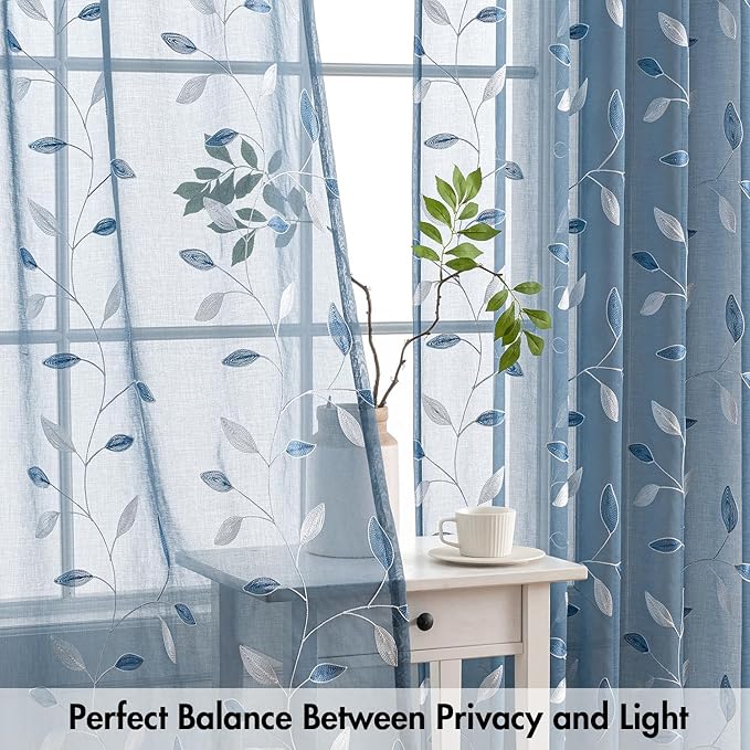 MIULEE Stone Blue Sheer Curtains 2 Panels Leaf Patterned, W52 x L84 | - Image 5