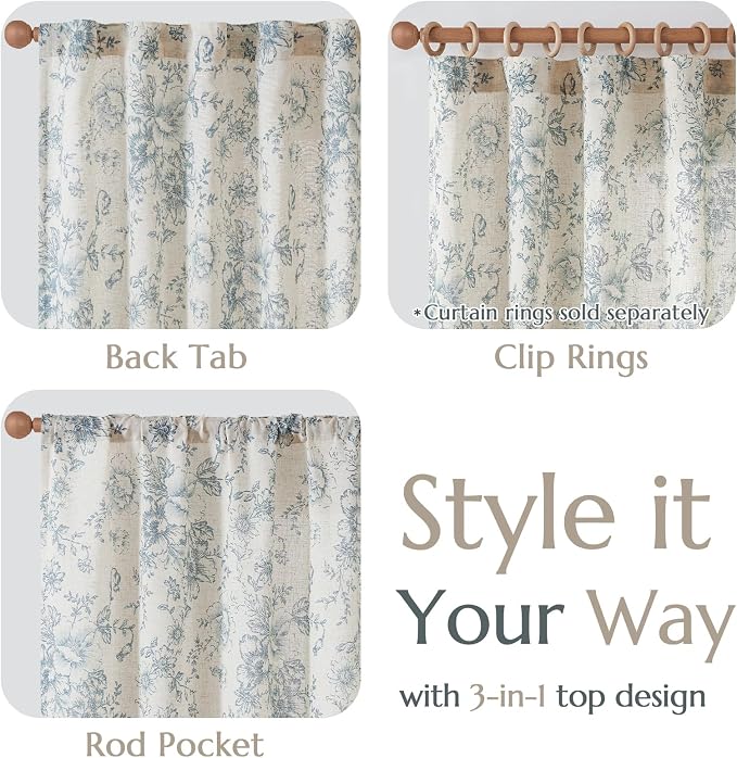 jinchan Blue Floral Linen Curtains 96 Inch Farmhouse Back Tab 2 Panels | Light - Image 9