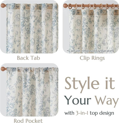 jinchan Blue Floral Linen Curtains 96 Inch Farmhouse Back Tab 2 Panels | Light - Image 9
