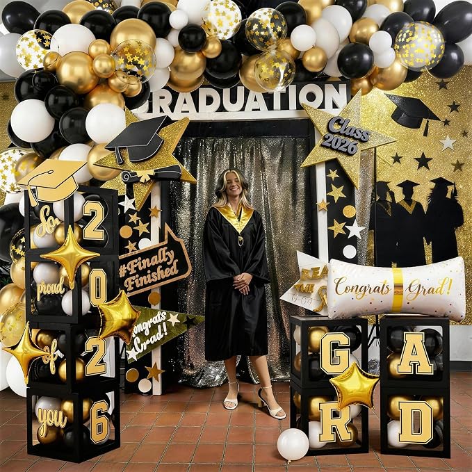 Black and Gold Graduation Decorations Balloons Boxes Arch - Image 7
