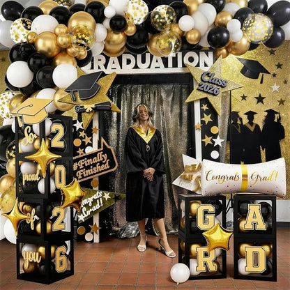Black and Gold Graduation Decorations Balloons Boxes Arch - Image 7