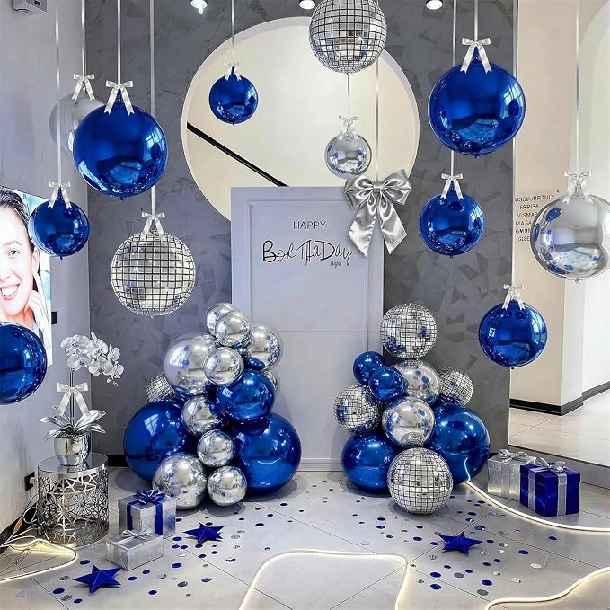 9 Pcs Blue Silver Round Foil Balloons Dark Navy Blue Metallic Silver Disco 4D - Image 3