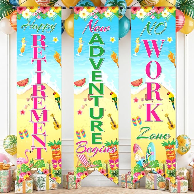 3Pcs Retirement Porch Sign Door Hanging Banner Luau Tropical Happy Retirement by TagreSpike