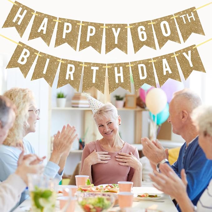 Netnology Pre-Strung Gold Glitter 60th Happy Birthday Banner Decorations | 12 - Image 6