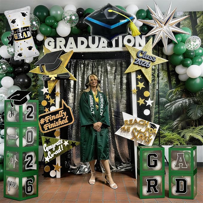 Congratulations Graduation Decor Class of 2026 Green and Black Balloons Arch kit - Image 3