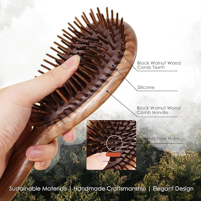 Lindale Walnut Wooden Hair Brush for Hair Growth with Natural Walnut Bristles Detangler Paddle Hairbrush for Massaging Scalp for Women Men, Reduces Static for Curly Hair with Ergonomic Handle Oval