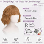 BARSDAR Natural Red Short Wavy Wig with Bangs - Short Wavy Ginger Auburn Wig for Women - Curly Wavy Textured French Bob Wigs with Bangs Soft Synthetic Natural Looking Face-Framing Daily