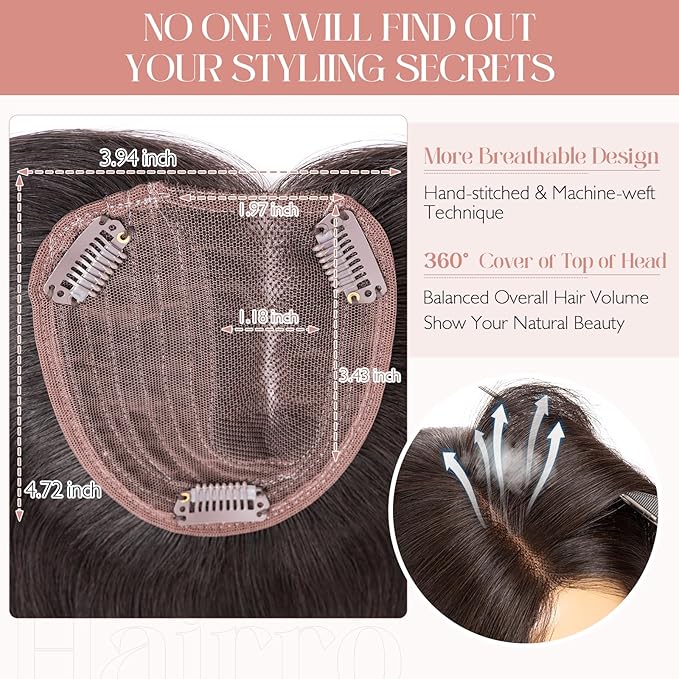Hairro 100% Human Hair Topper No Bangs, Real Clip in Hair Hairpieces for Women, 3.94x4.72 Silk Base for Thinning Receding High Hairline, 12 Inch Natural Black Side Part