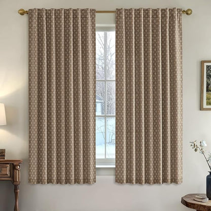 MIULEE Patterned Farmhouse Linen Curtains, Back Tab, Light Brown | Linen by MIULEE