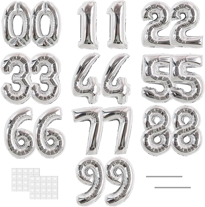 TONIFUL 20 Pcs Number Balloon 2 Set 16 Inch Fat Silver 0-9 Numbers Balloons | by TONIFUL