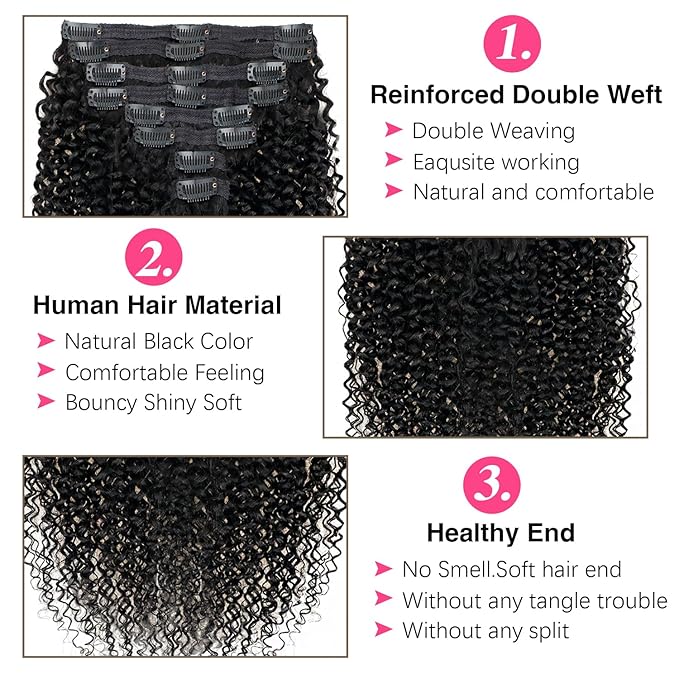 Kinky Curly Clip in Hair Extensions Real Human hair For Women Brazilian Virgin 3c 4a Curly Clip ins Human Hair Extensions (16inch,#1B)