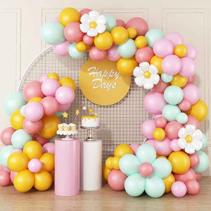 Daisy Balloon Garland Arch Kit, Retro Yellow Pink Green Hippie Boho Balloons by BTZO