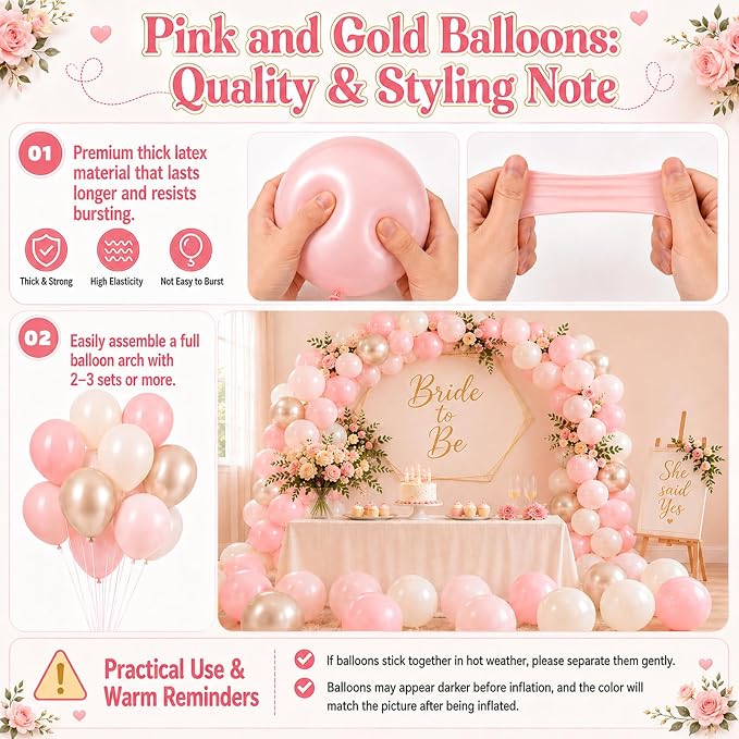 Pink and Gold Balloons, 12 Inch Pastel Light Pink and Pearl Sand White Latex - Image 7