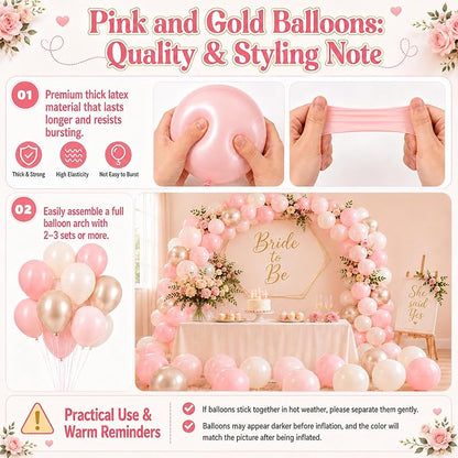 Pink and Gold Balloons, 12 Inch Pastel Light Pink and Pearl Sand White Latex - Image 7