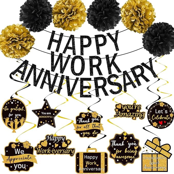 Happy Work Anniversary Decorations Black Gold, Happy Anniversary Banner by Tintisfafa