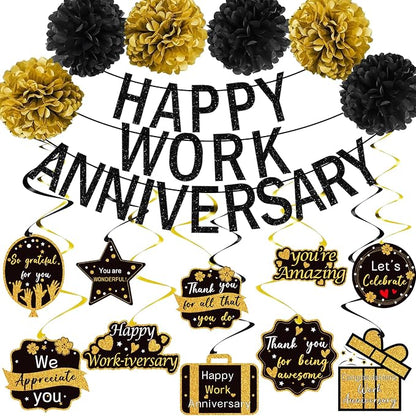 Happy Work Anniversary Decorations Black Gold, Happy Anniversary Banner by Tintisfafa