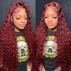 24 Inch 99J Burgundy Deep Wave Lace Front Wigs Human Hair 200% Density 13x6 Lace Front Wigs Human Hair Glueless HD Lace Frontal Wigs for Women