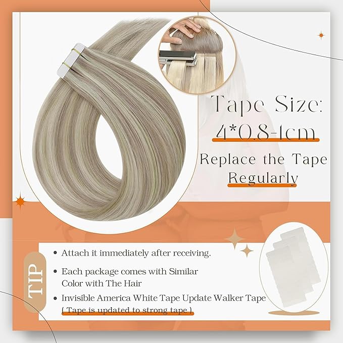 Full Shine Tape in Hair Extensions Seamless Human Hair Invisible Tape in Human Hair Extensions Mixed Color Ash Blonde with Blonde 50 Gram Per Package Double Side Skin Weft 20 Inch 20Pcs Natural