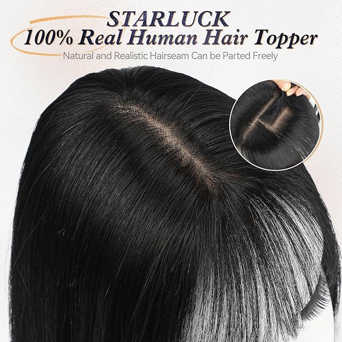 starluck Human Hair Toppers for Women Real Human Hair With Bangs 4 * 5.5 inch Base 12 inch SilkHug Hair Topper for Women Cover Grey Roots(Natural Black)