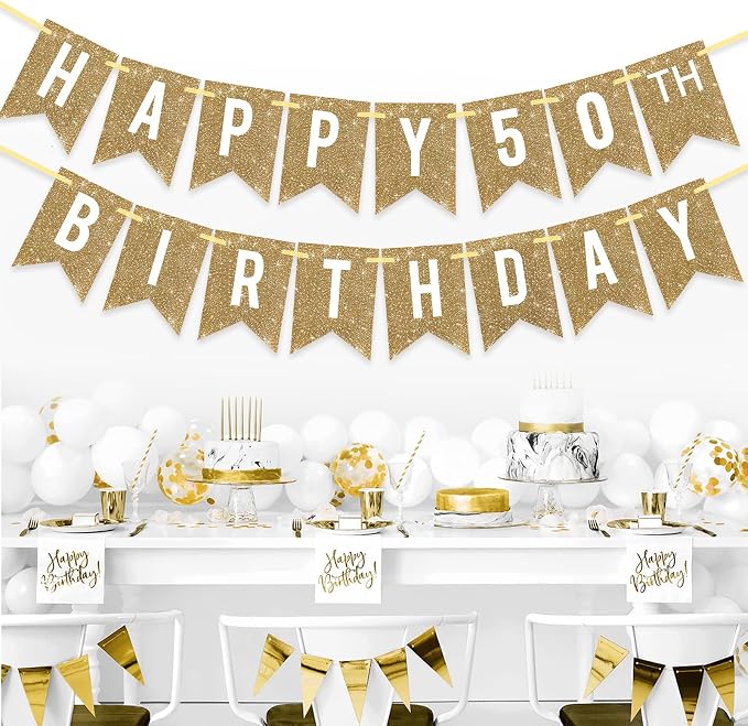 Netnology Pre-Strung Gold Glitter 50th Happy Birthday Banner Decorations | 12 - Image 4